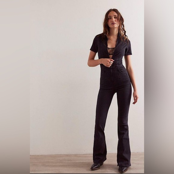 Free People Pants - Free People Black Short-Sleeve Fitted Jumpsuit